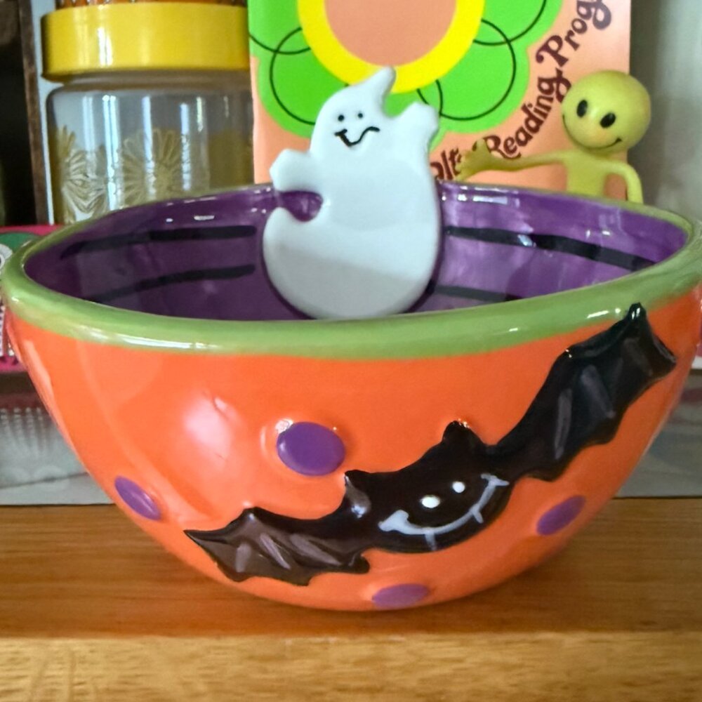 Halloween Ghost & Bat Ceramic Candy Dish